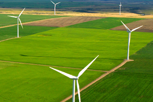Wind turbines with green grass.