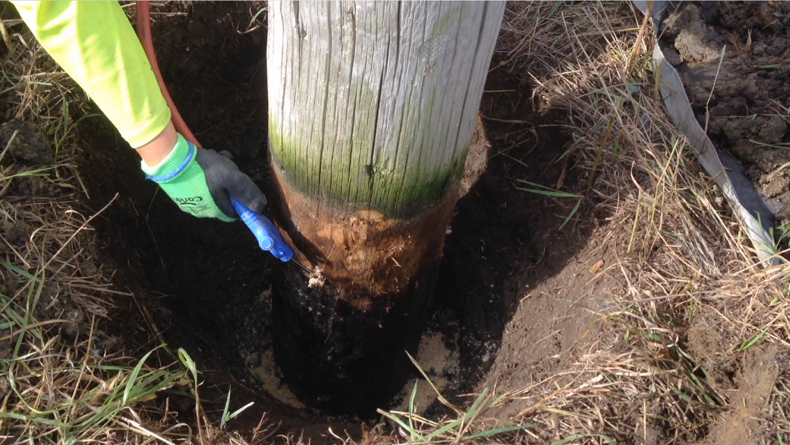 3 workers around a wood power pole performing maintenance