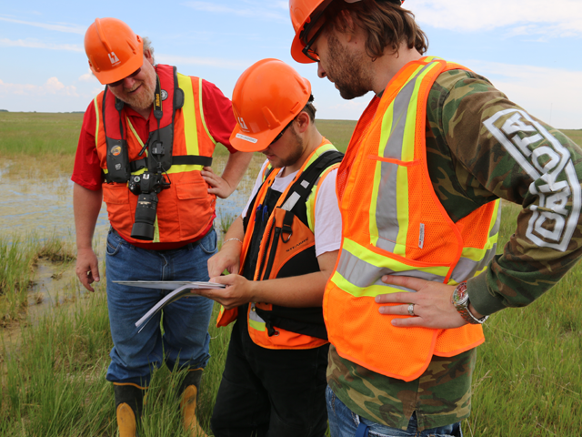 Employees surveying outside